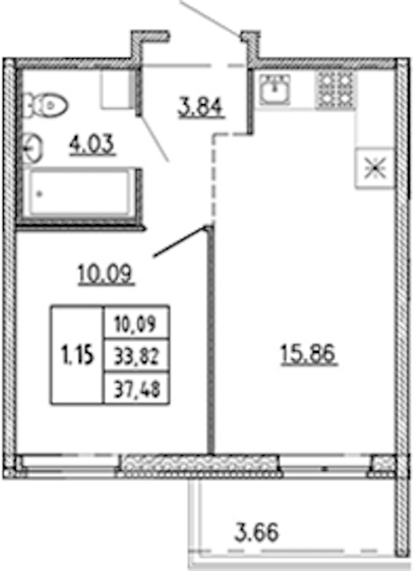 1-комнатная квартира 33.82 м², 21/22 эт., ЖК «Новые горизонты 2»